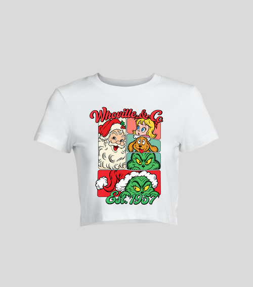 Christmas Characters — Crop top blanca con estampado navideño