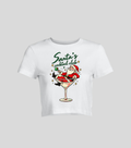 Santa Cocktail — Crop top blanca con estampado navideño