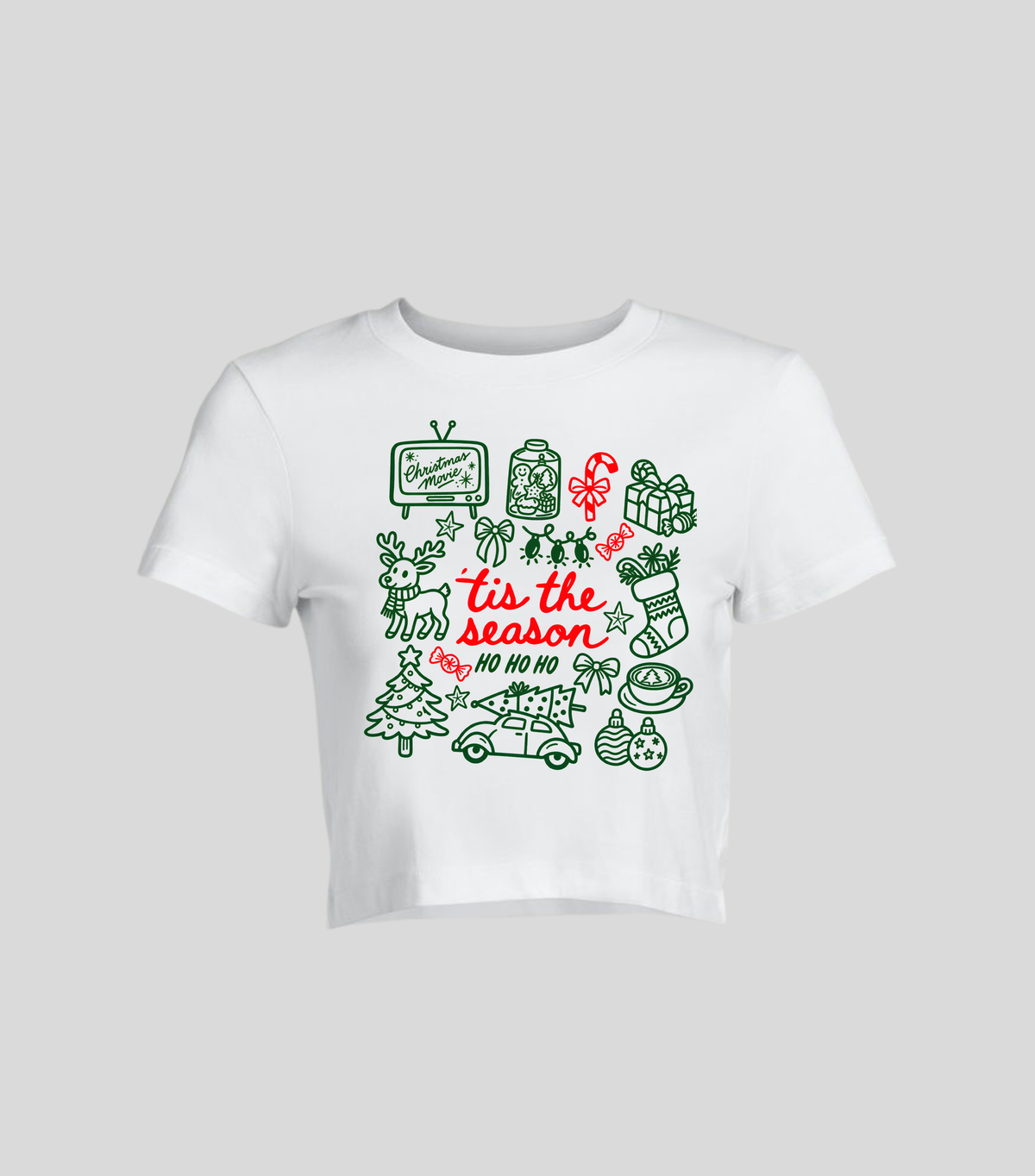 Tis the Season — Crop top blanca con estampado navideño