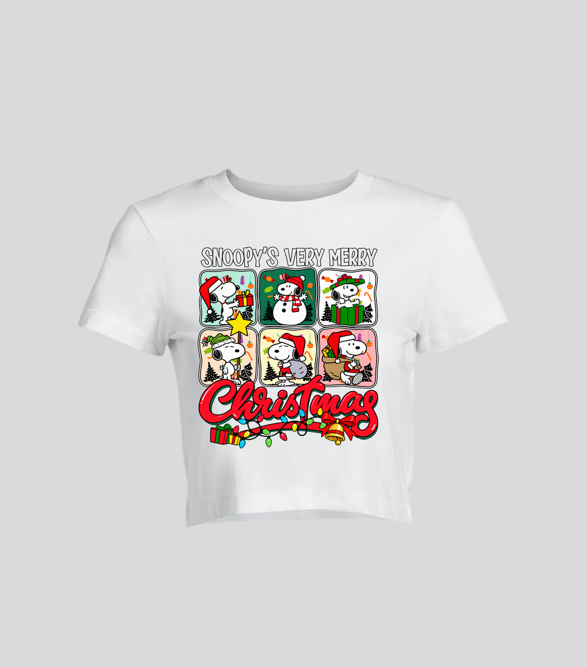 Christmas Collage — Crop top blanca con estampado navideño